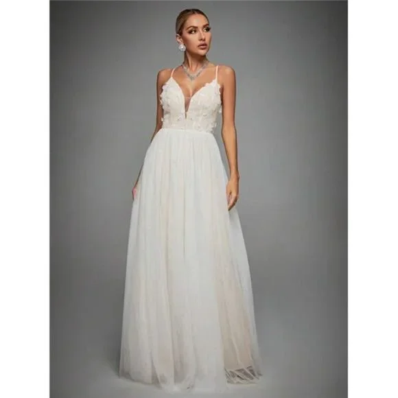 knee length dresses for ladies Elegant V Neck Mesh Overlay Cami Wedding Dress – Elonnashop main image 0